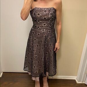 Shoshanna Brown Floral Midi Strapless Dress